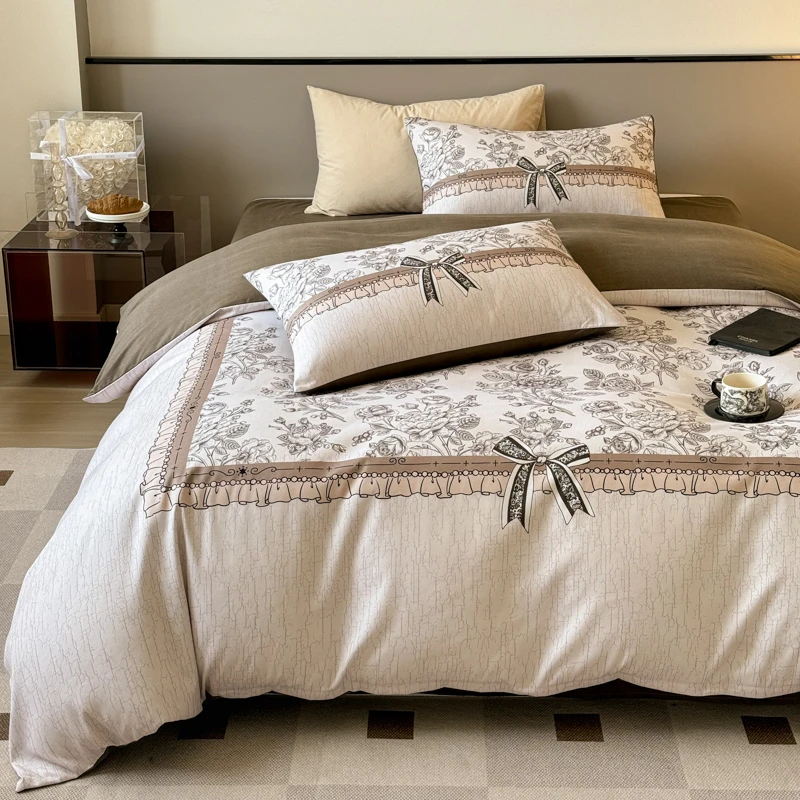 冬季法式复古全棉磨毛床上用品四件套轻奢高级感纯棉加厚被套床单