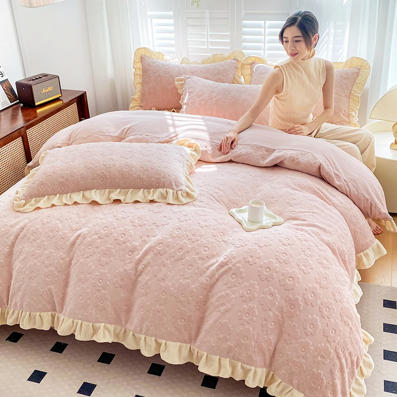 冬季韩版公主风牛奶绒床上四件套雕花双面绒花边被套加厚加绒床单