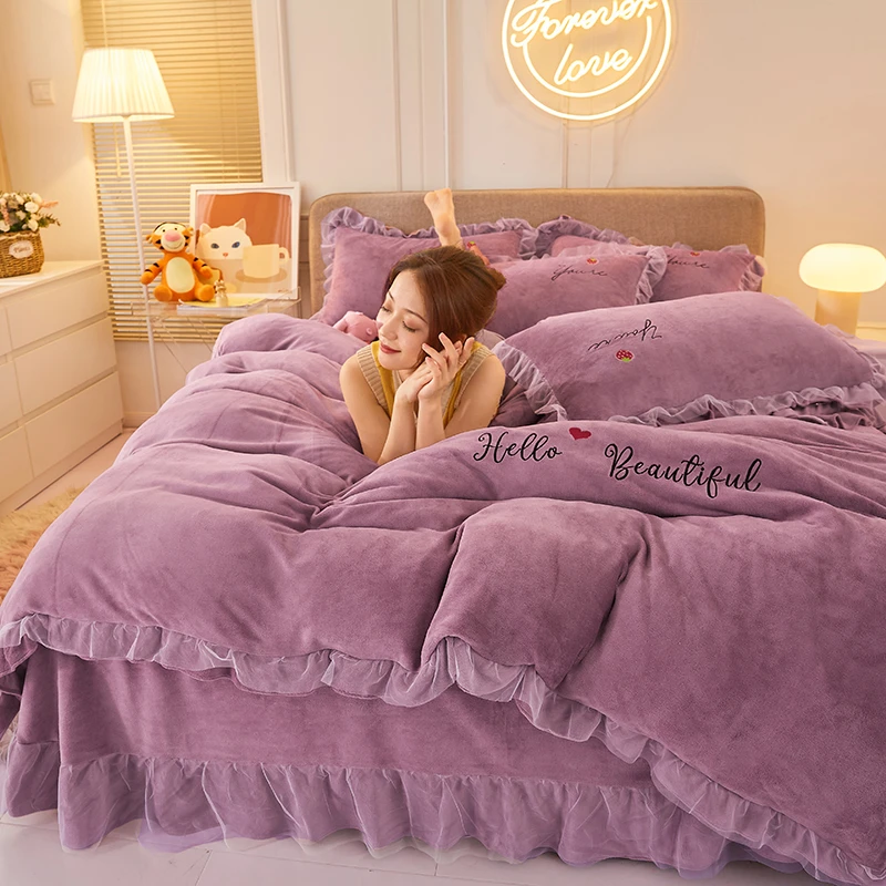 冬季加厚牛奶绒四件套公主风保暖双面绒被套韩版被罩床裙家纺床品