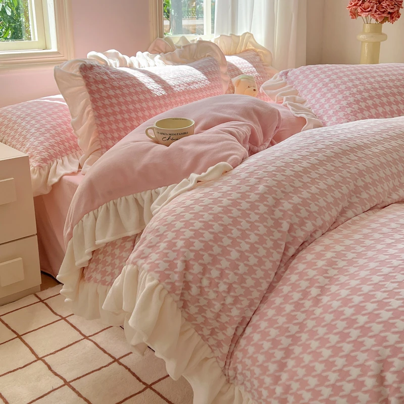 冬季韩版小清新牛奶绒四件套双面加绒加厚床单花边被套学生三件套