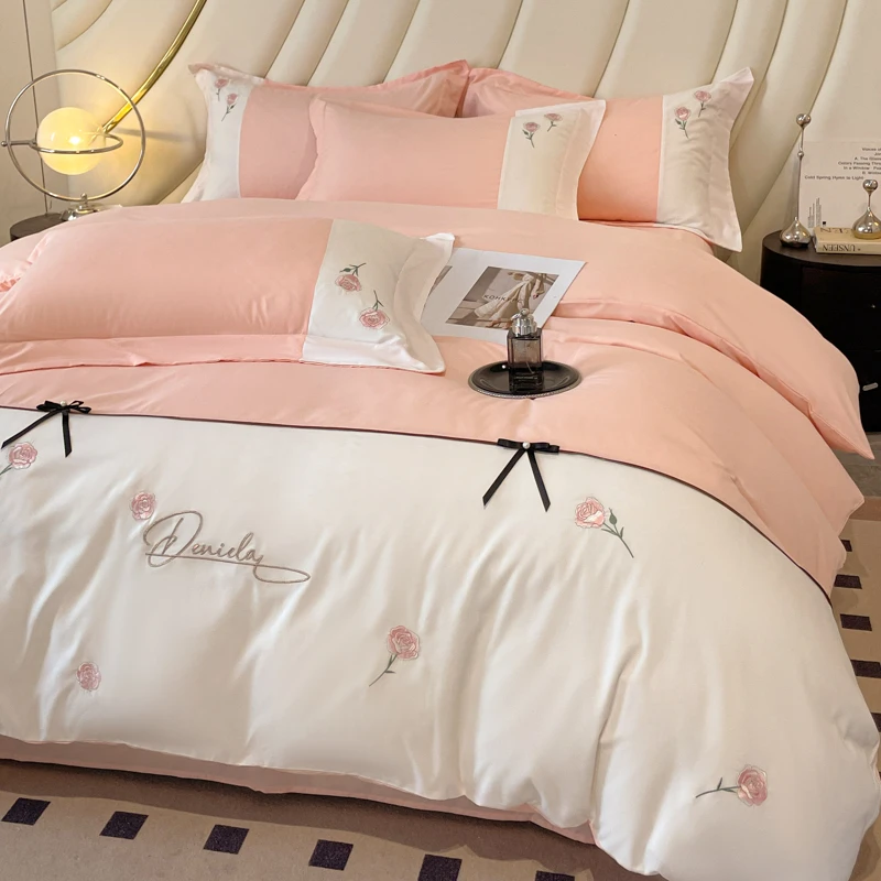 新款轻奢高级感全棉四件套裸睡纯棉刺绣被套床单简约床笠床上用品