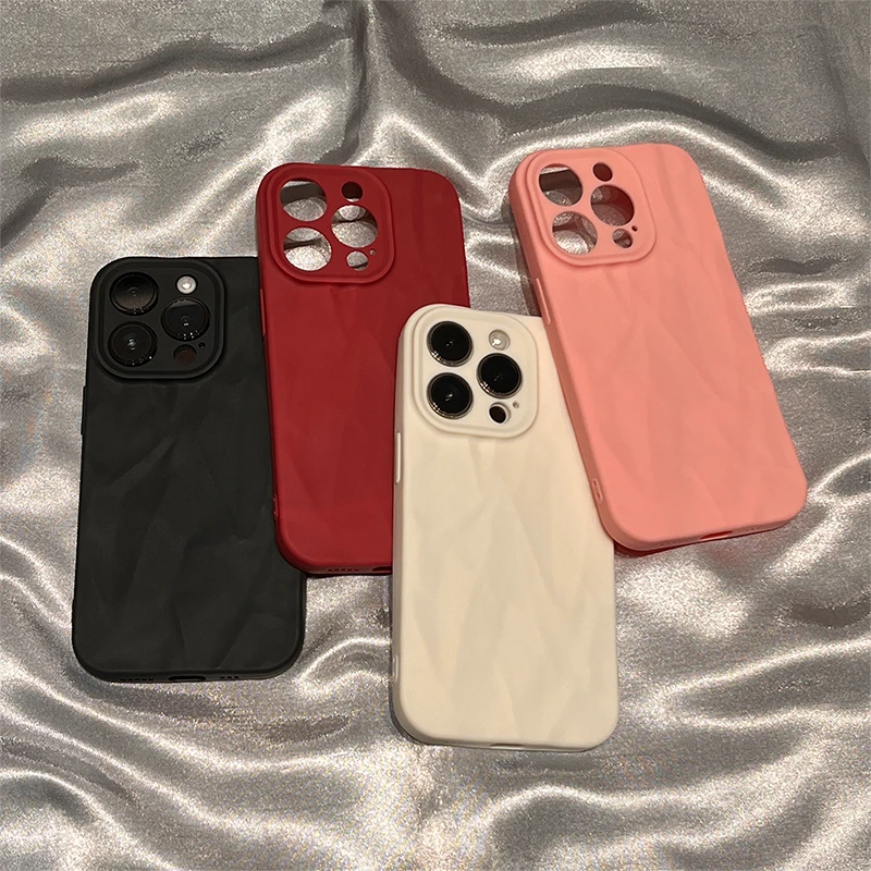 ins纯色褶皱苹果14plus手机壳iPhone15简约13pro新款11防摔12软78