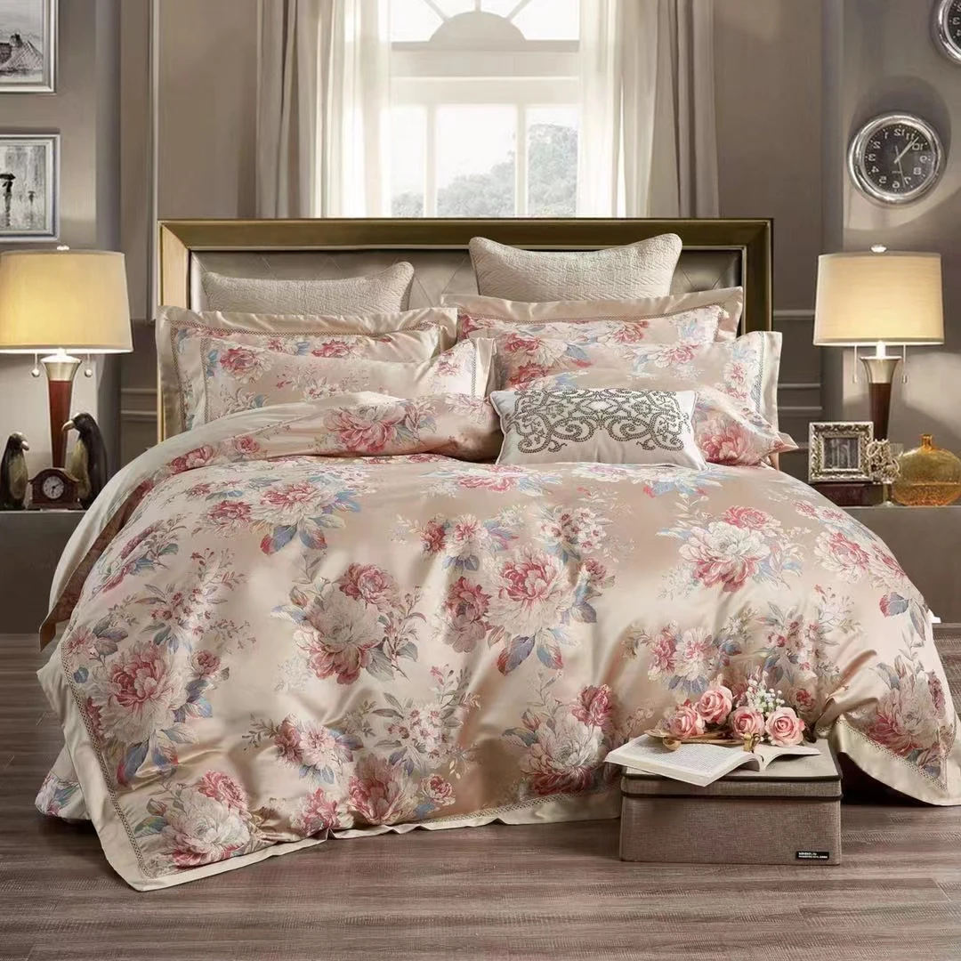 高精密长绒棉富婆款金色牡丹贡缎色织提花四件套