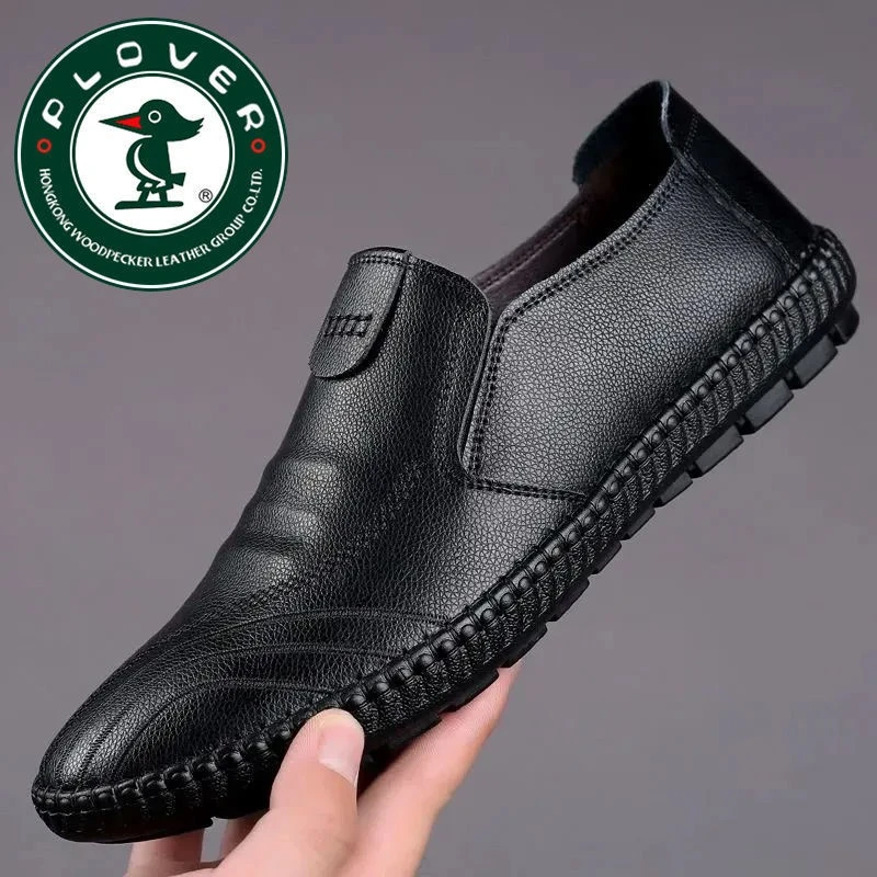 PLOVER休闲皮鞋男秋季透气软底软面皮上班懒人鞋一脚蹬爸爸鞋子