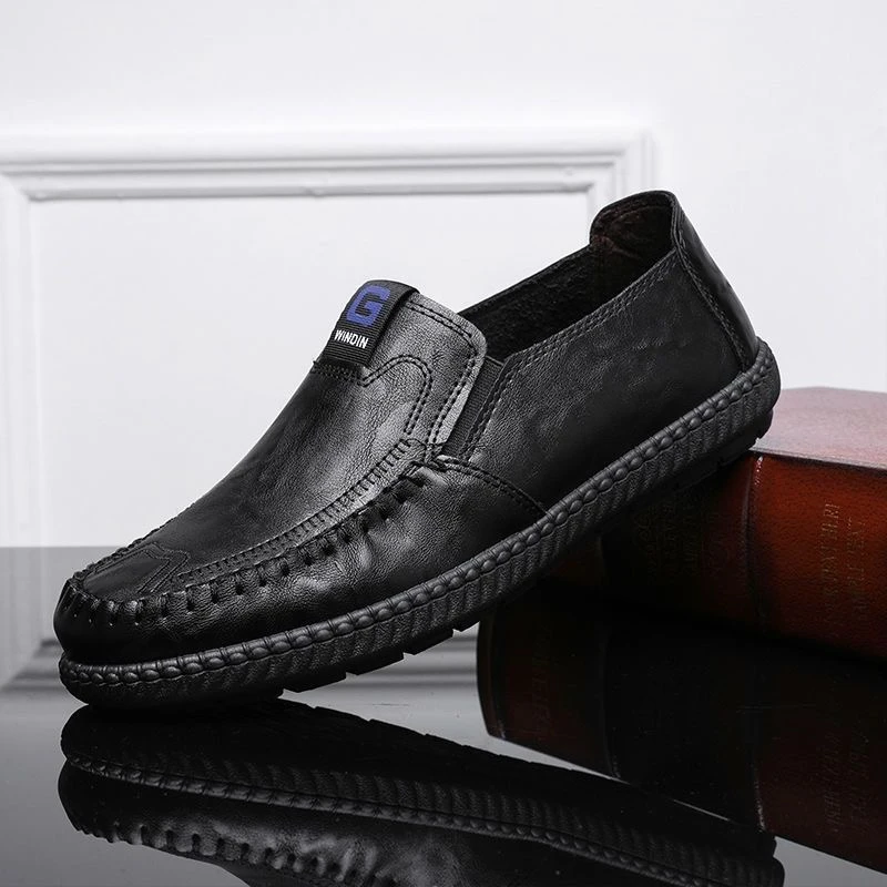 正品皮鞋男款真牛皮秋季新款防滑休闲一脚蹬商务皮鞋软底爸爸鞋