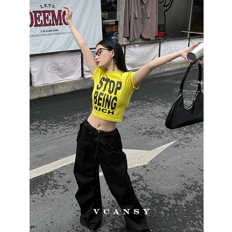 Vcansy新野 欧美辣妹短款t恤女夏季露脐修身字母印花小众上衣