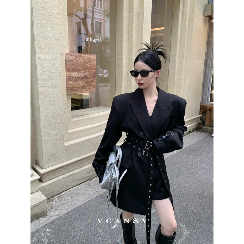 vcansy新野 秋冬韩版气质收腰显瘦外套女设计感小众中长款风衣