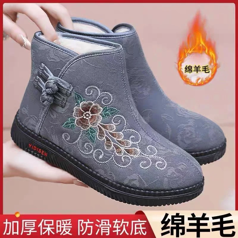 足力健防滑健步鞋女冬季老人穿的保暖防滑鞋加绒保暖妈妈鞋民族风