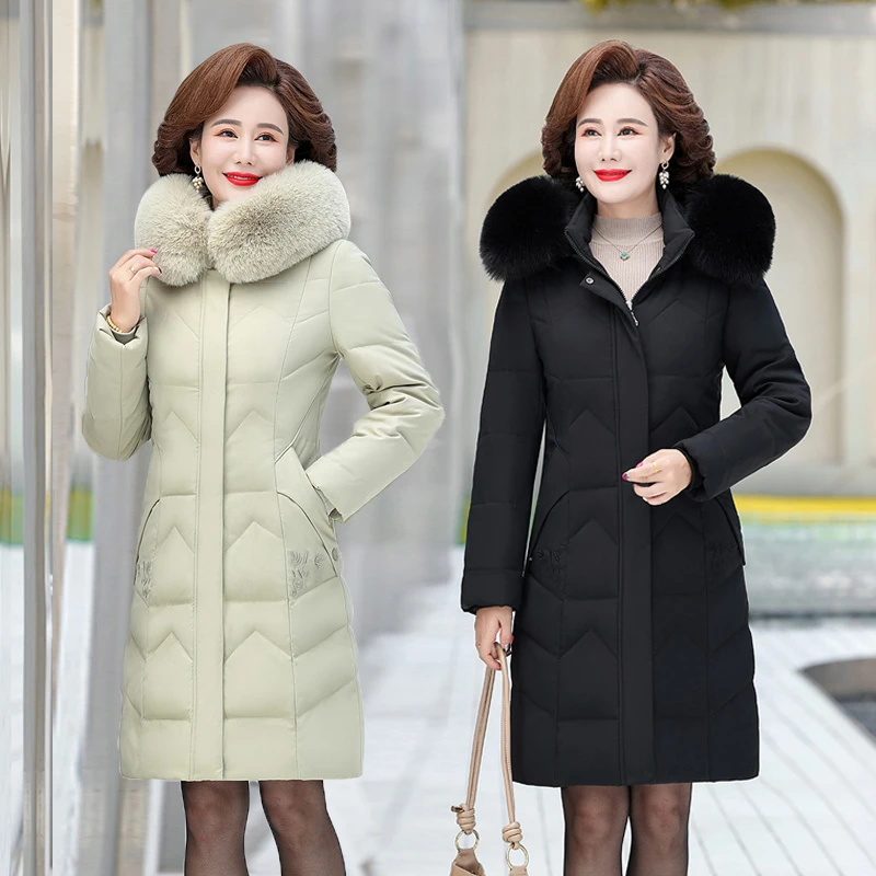 大码棉服女冬装中长款时尚保暖外套中老年大毛领外套妈妈装棉袄厚