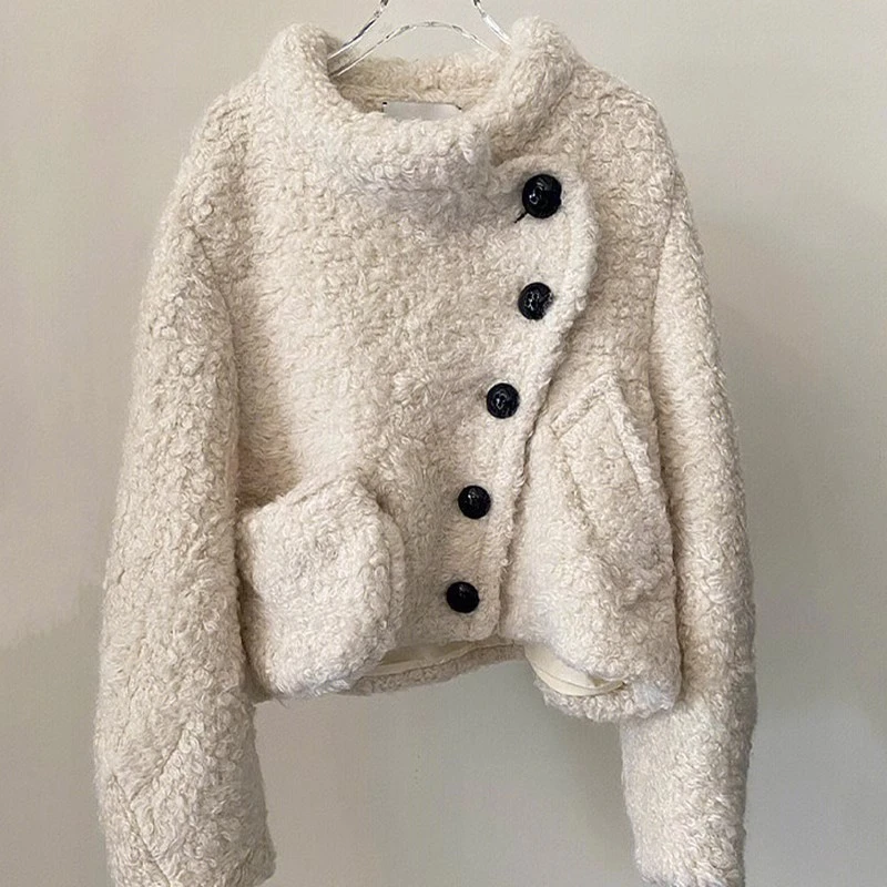 欧货秋冬2025款温柔风韩系小香风白色短款小个子羊羔绒加厚外套女