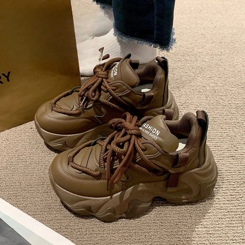 冬款厚底老爹鞋女款皮面2023新款秋季增高6cm百搭休闲潮运动b