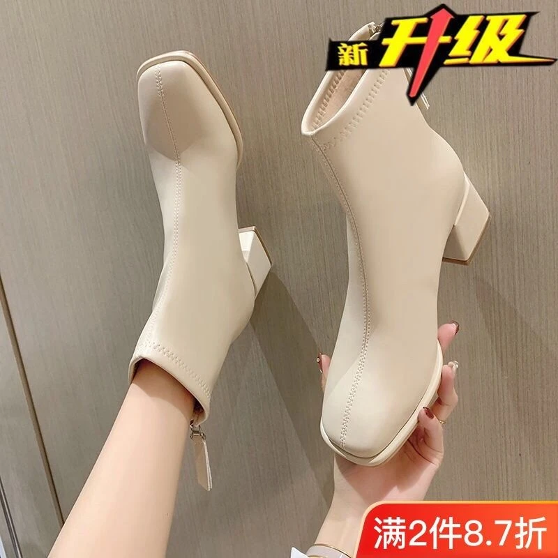 法式小短靴方头马丁靴女短靴2023冬季新款瘦瘦靴弹力靴韩版皮靴女