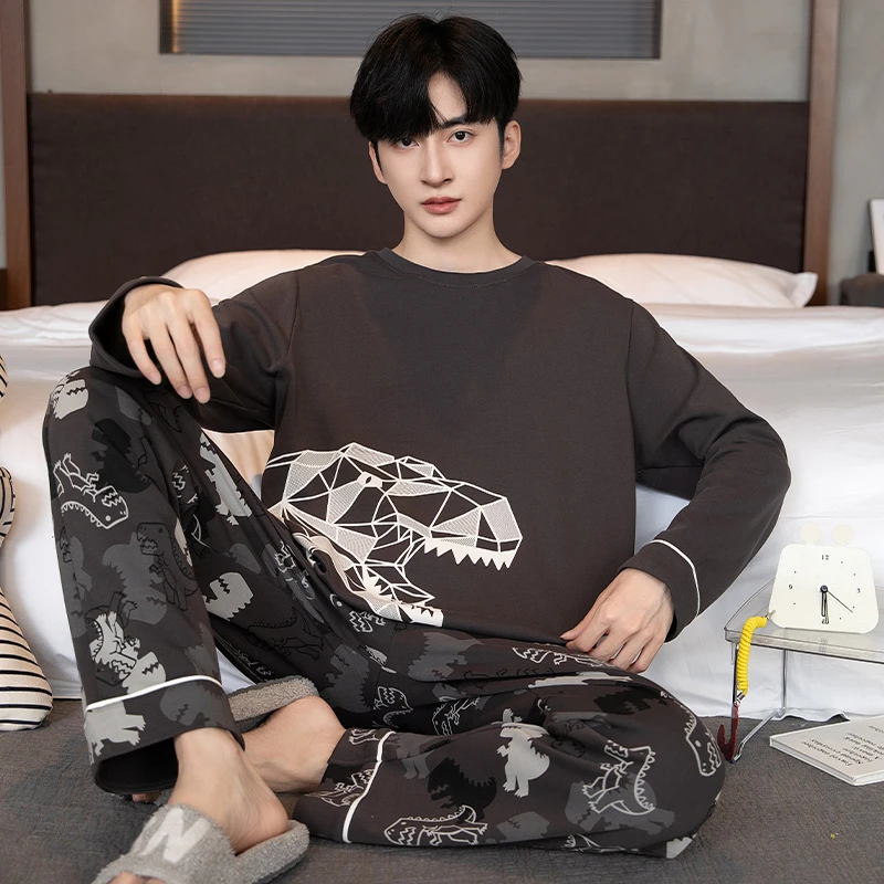 bejirog/北极绒青少年长袖纯棉可外穿男士春秋季卡通居家睡衣套装