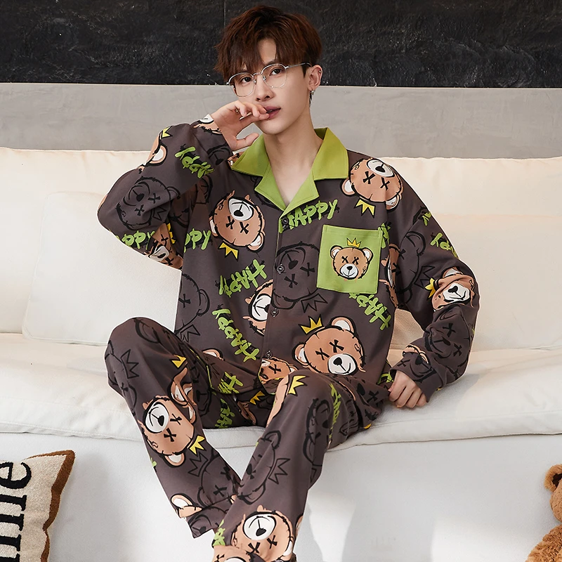 bejirog/北极绒纯棉翻领男士卡通睡衣大童长袖开衫款舒适居家套装