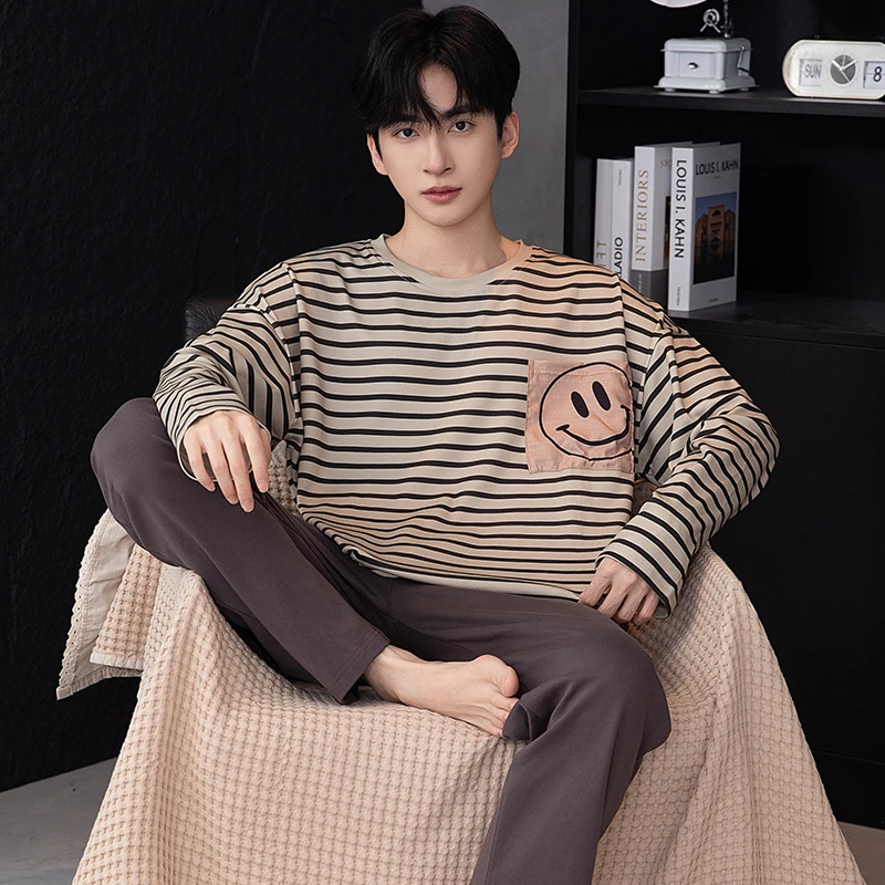 bejirog/北极绒休闲简约款纯棉长袖圆领男士大童舒适居家睡衣套装