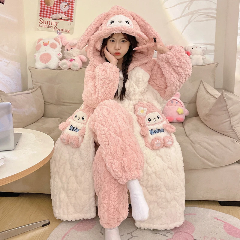 bejirog/北极绒加厚款珊瑚绒三层夹棉女士冬季可爱风连帽睡袍套装