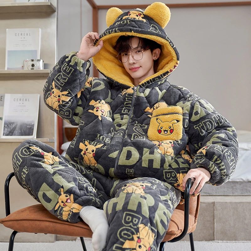 bejirog/北极绒卡通动漫连帽款男士法兰绒三层夹棉青少年睡衣套装
