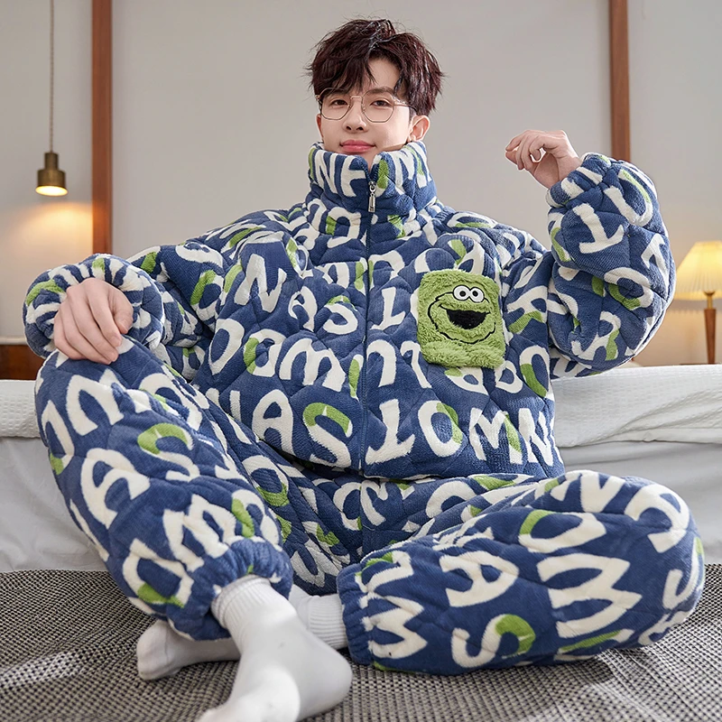 bejirog/北极绒青少年冬季新品法兰绒三层夹棉男士保暖睡衣两件套