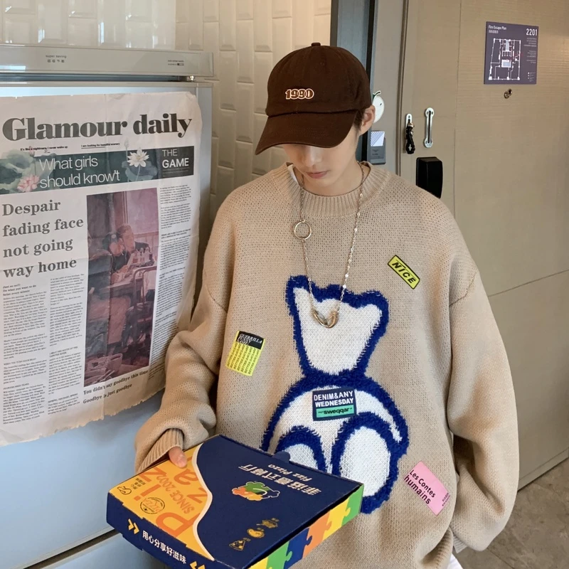 【10100】2025秋装新款港风青少年学生小熊图案保暖针织毛衣