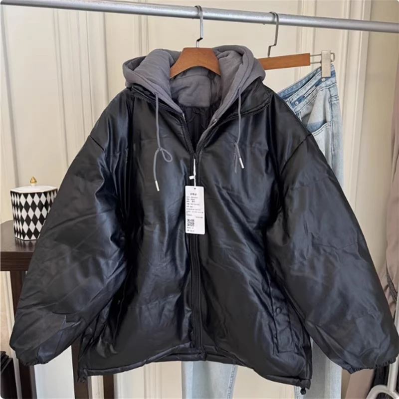 【10947包邮】2024冬季新款港风青少年黑灰拼接假两件Pu皮棉衣