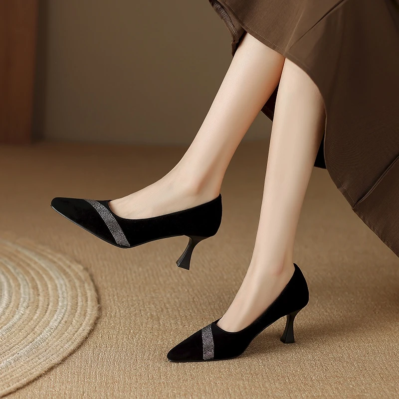 磨砂羊皮水钻高跟鞋女2025春秋新款尖头浅口软皮细跟女鞋百搭单鞋