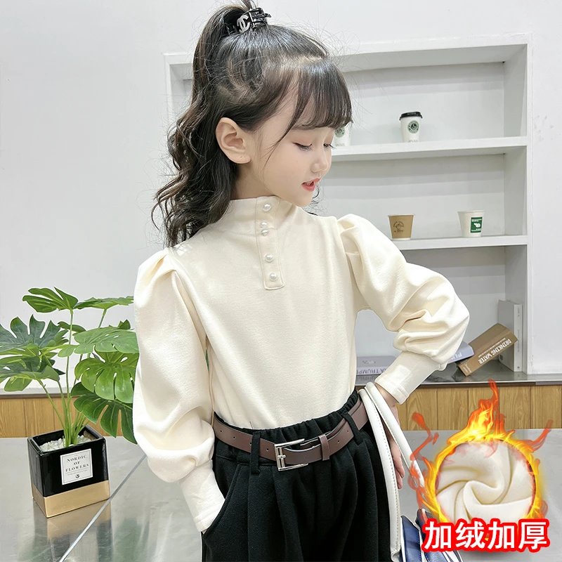 女童打底衫加绒加厚秋冬装2025新款洋气儿童设计感泡泡袖时尚上衣