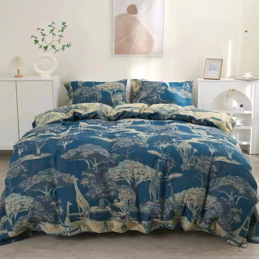 琼枝玉树-墨绿双层纱全棉四件套【椰壳扣】