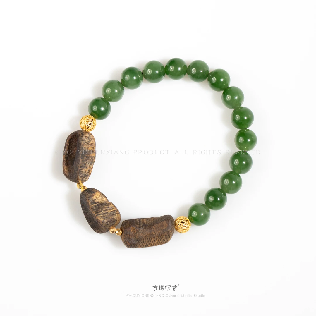 「菠菜绿」沉水大包头8mm菠菜绿碧玉文创沉香手串