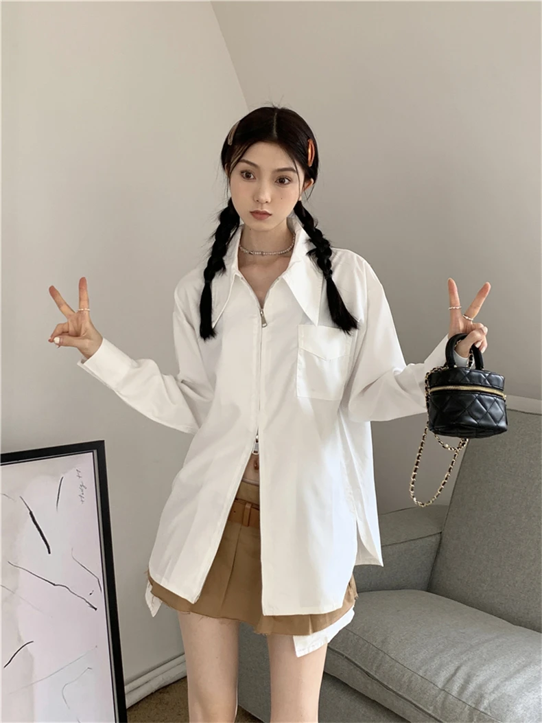 百搭法式拉链白色polo领长袖衬衫女春秋装设计感小众内搭·衬衣