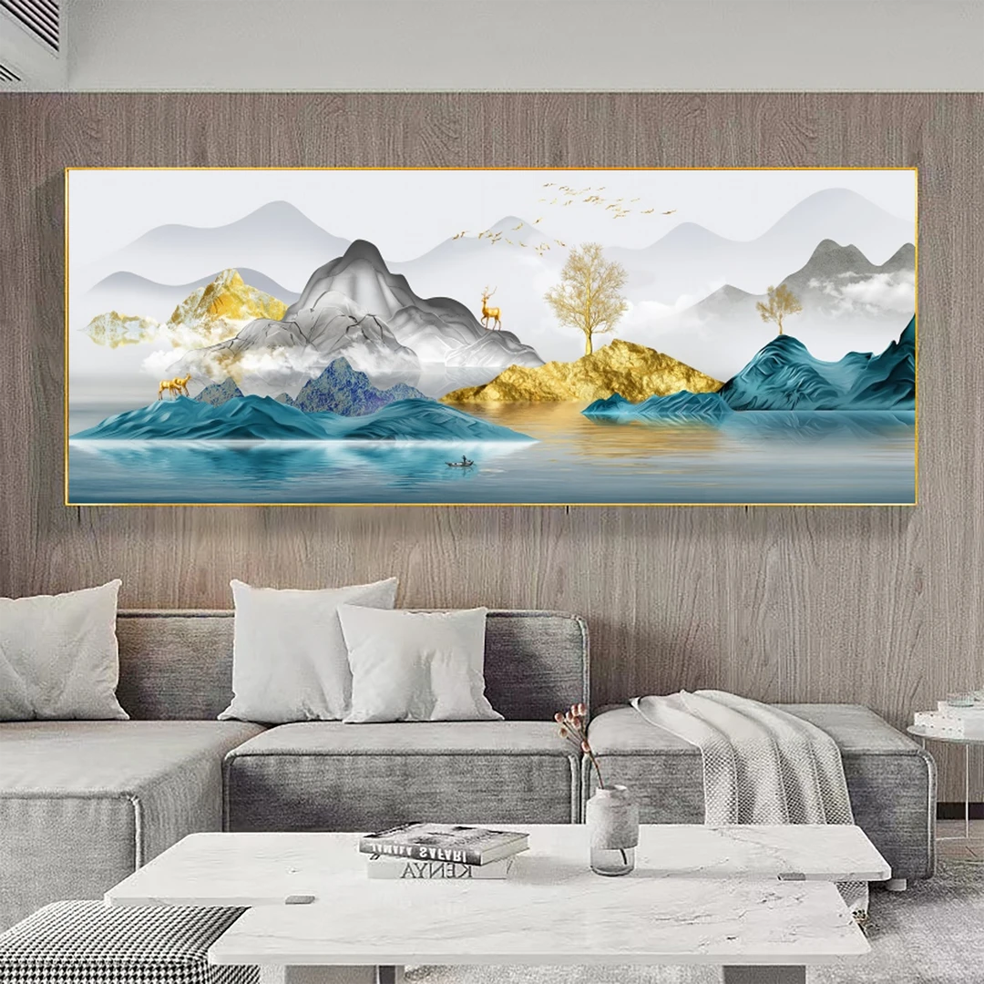 客厅沙发挂画横幅背靠金山装饰画优质壁画山水高级感大气轻奢高档