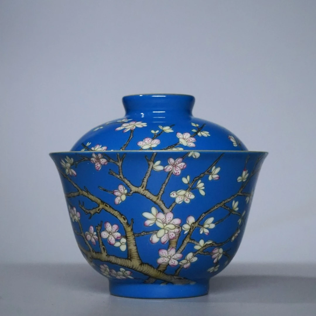 铁造.蓝地杏花两才盖碗-手工手绘景德镇陶瓷色地茶碗泡茶碗盖碗