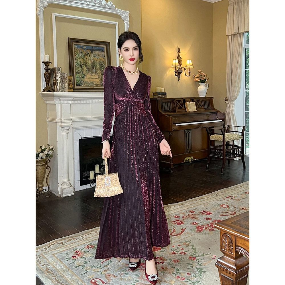 9742新款女优雅气质扭结V领褶皱高腰大摆百褶亮丝连衣裙