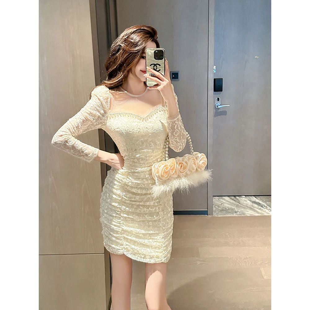 50632秋装新款女装甜美气质网纱拼接镶钻修身包臀蕾丝连衣裙