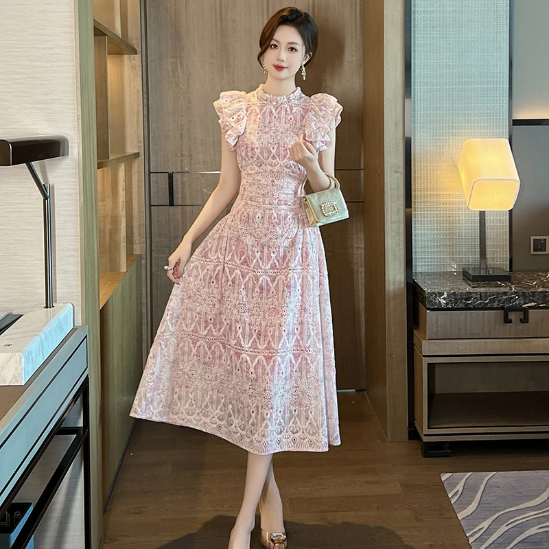 80192茶歇长裙新款女法式荷叶边短袖收腰大摆蕾丝连衣裙