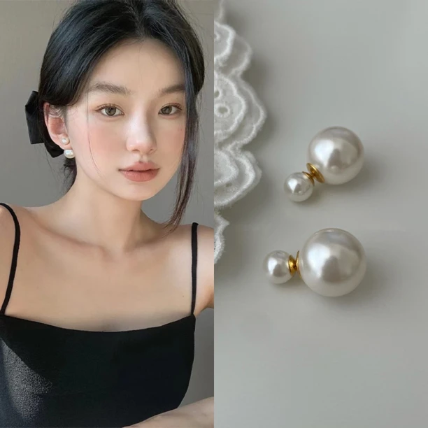 非金属仿珍珠耳饰 D家双珠大珠珠耳钉女高级感复古气质小香耳环