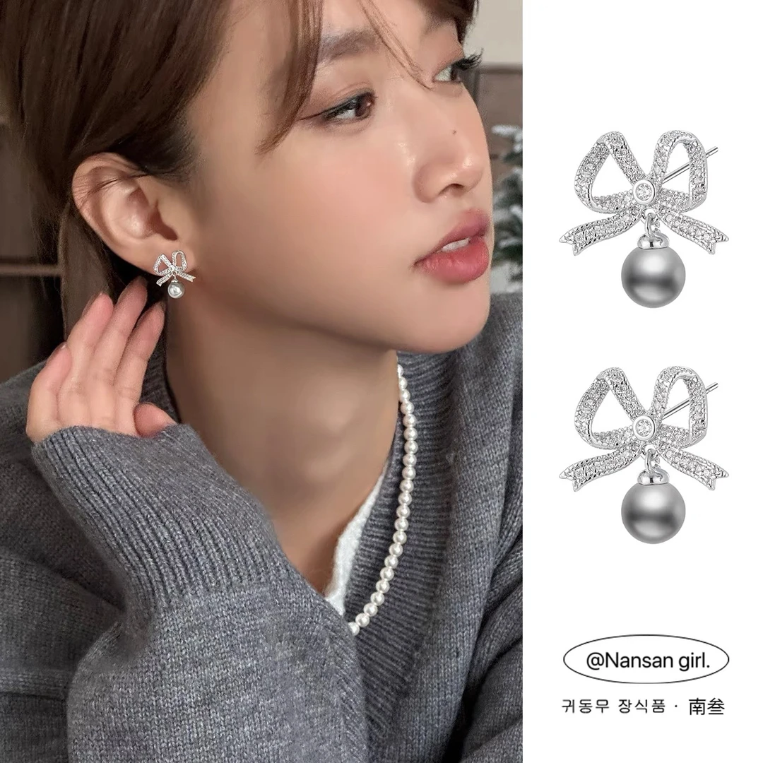 铜合金仿珍珠耳饰 925银针蝴蝶结耳钉女高级感精致耳环灰珍珠小众