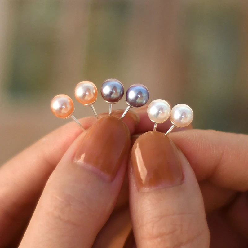 非金属耳饰 925银天然圆形珠珠耳钉简约精致耳饰mini耳钉