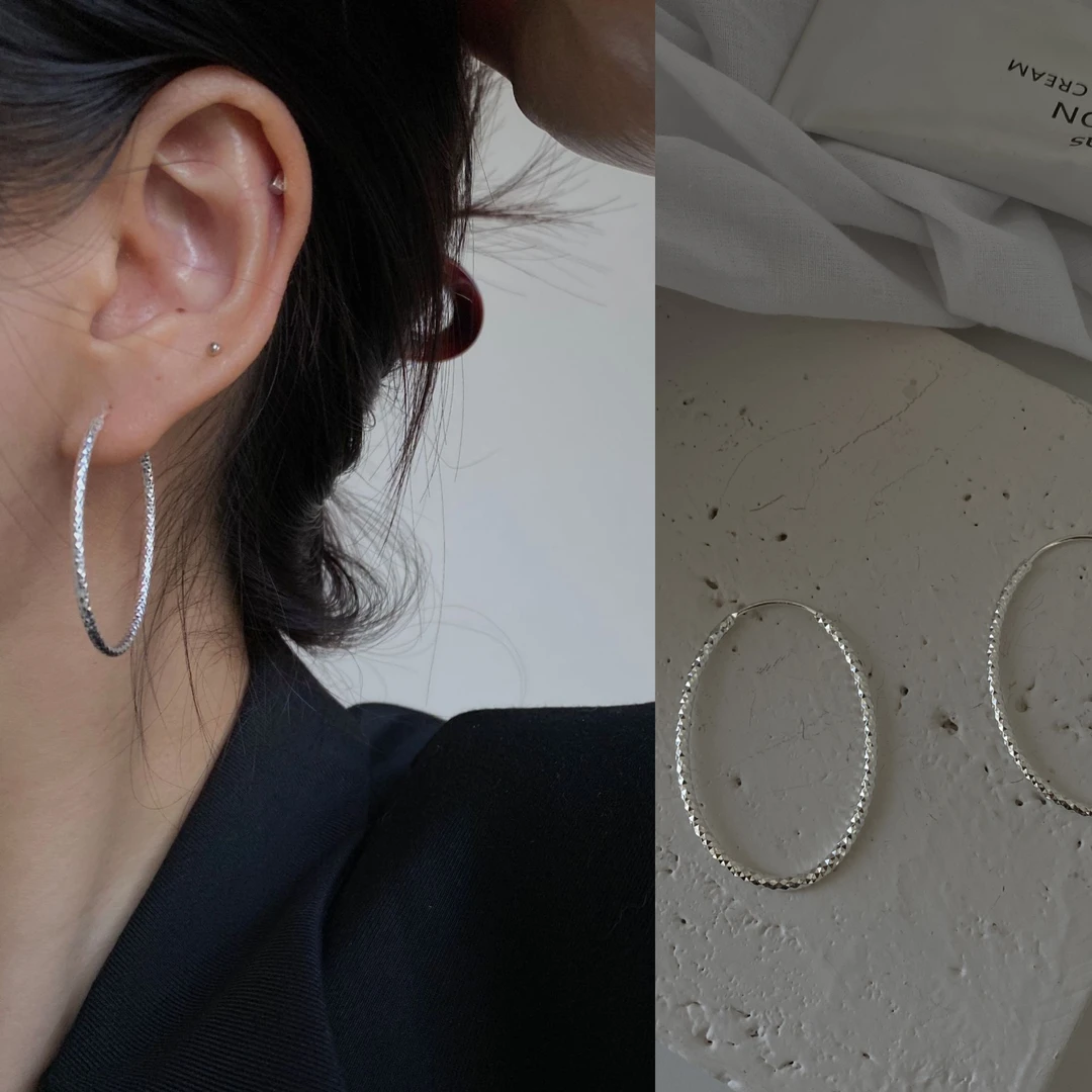 925银耳饰 通体925纯银椭圆耳圈冷淡风波纹圆圈耳环耳扣气质