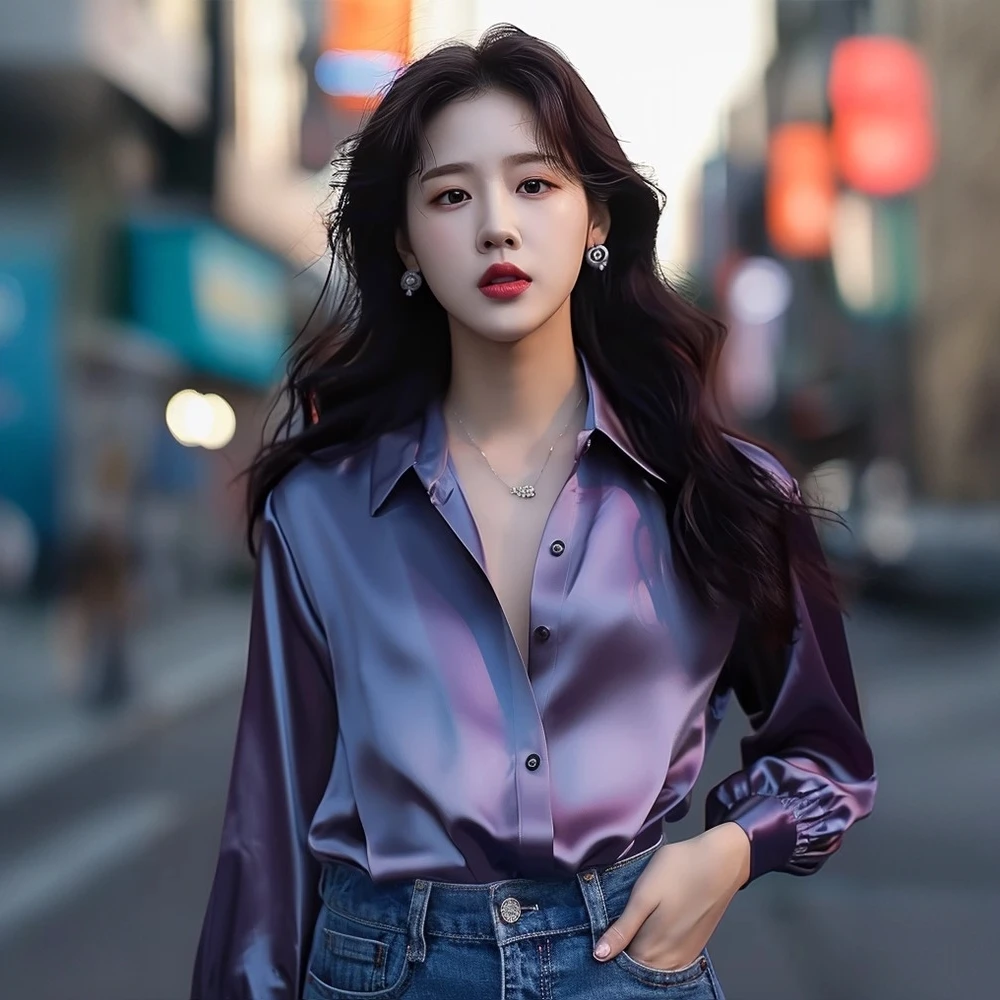 时尚洋气紫色缎面衬衫女装春秋季百搭法式轻奢小众设计灯笼袖衬衣