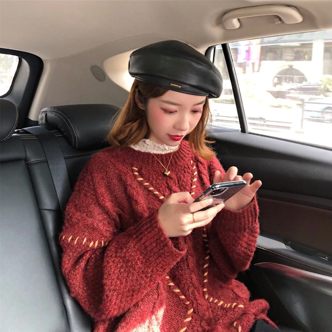 慵懒风复古红色麻花毛衣女套头外穿春秋新款宽松设计感长袖针织衫