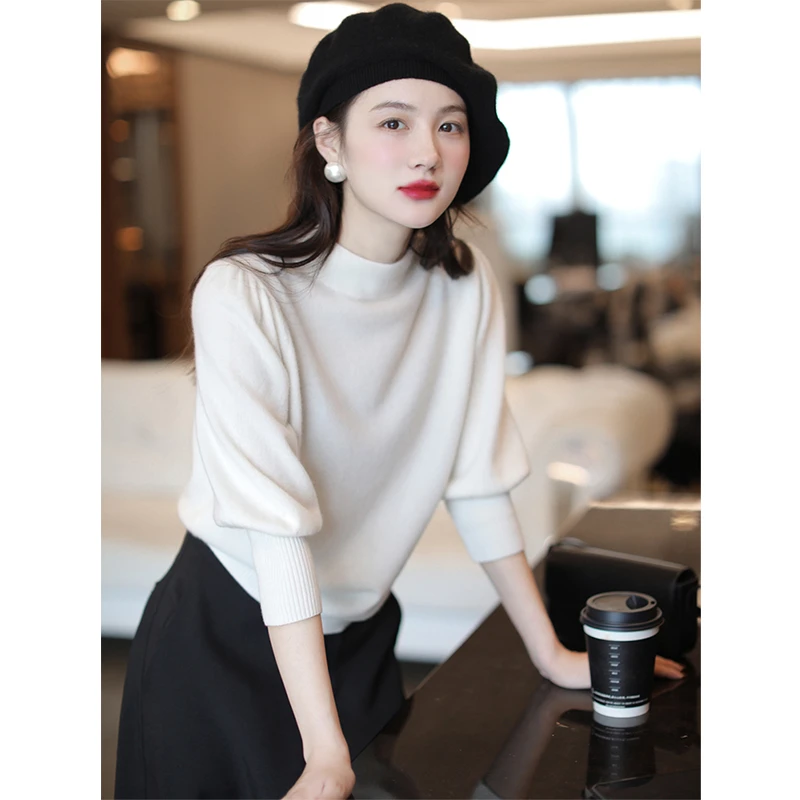 秋冬法式半高领针织衫女春季长袖毛衣减龄时尚宽松打底保暖上衣潮