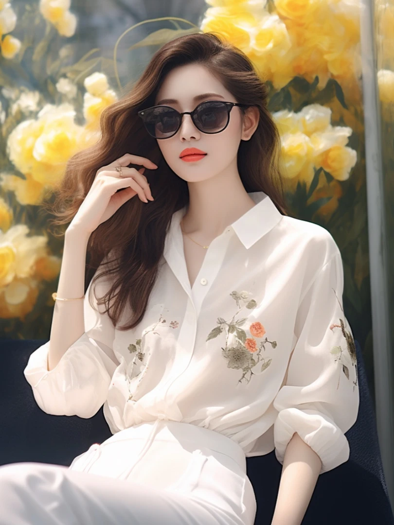 法式白色印花雪纺衬衫新款女宽松气质七分袖上衣别致漂亮夏季防晒