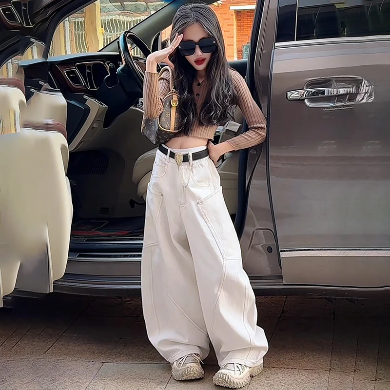 女童秋季时髦炸街牛仔裤中大童洋气街舞弯刀裤女孩表演阔腿香蕉裤