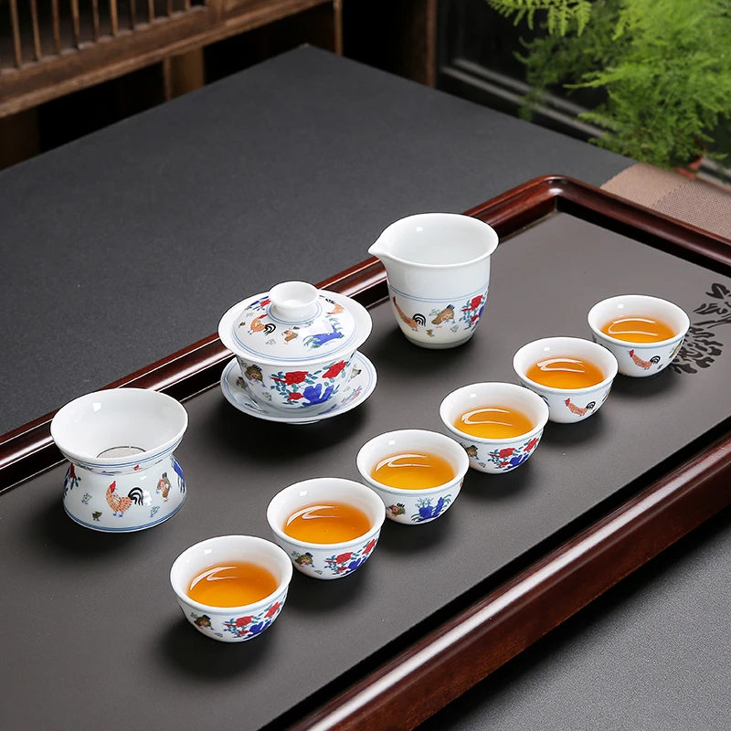 10头釉中斗彩鸡缸杯套装盖碗茶洗复古家用茶具茶壶盖碗主人杯