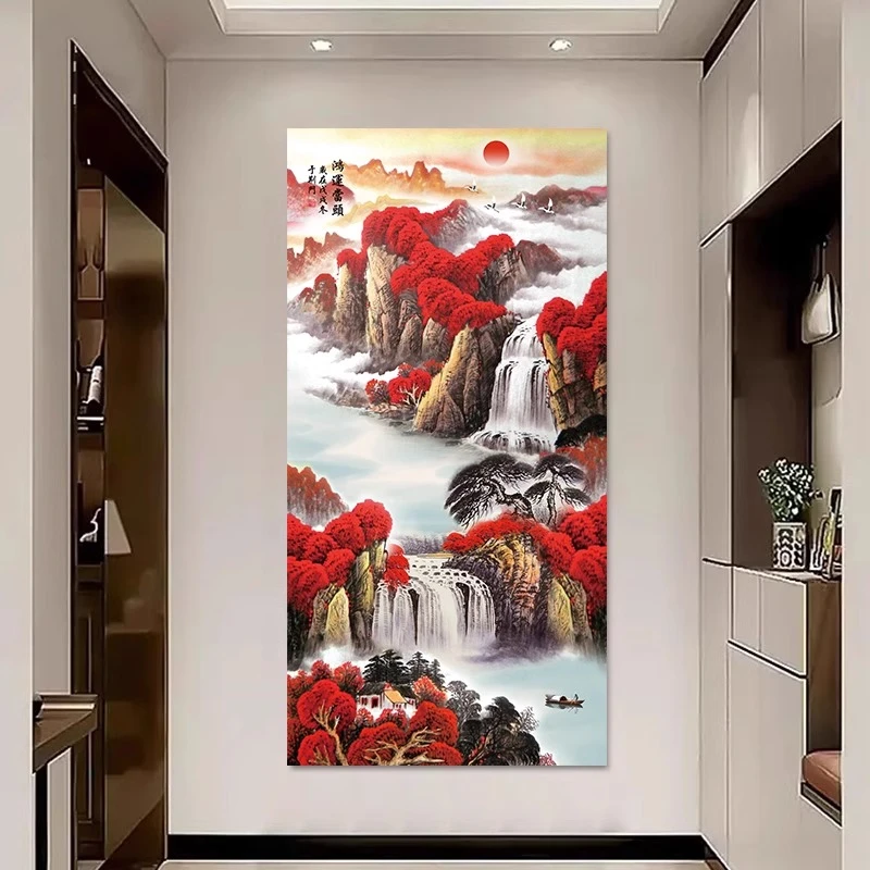 流水生财山水风景画玄关装饰画自粘墙贴客厅走廊3d立体贴画墙壁纸