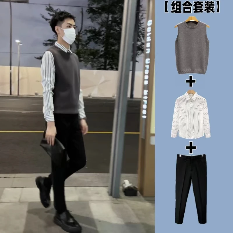 【组合套装】秋冬季复古马甲毛衣无袖针织衫休闲风宽松坎肩衬衫男