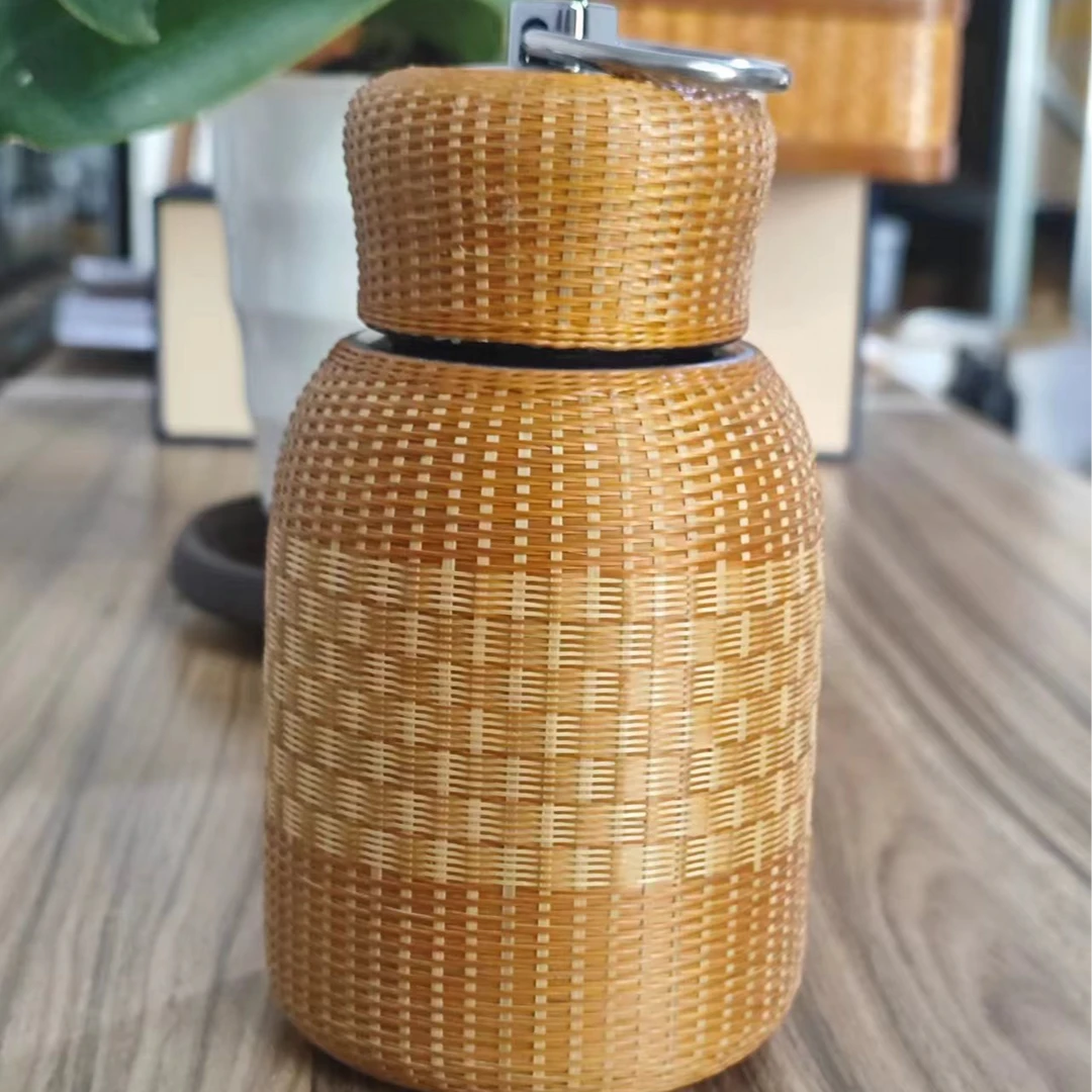 竹丝精编带盖花编手雷杯  非遗手工手提家用304不锈钢