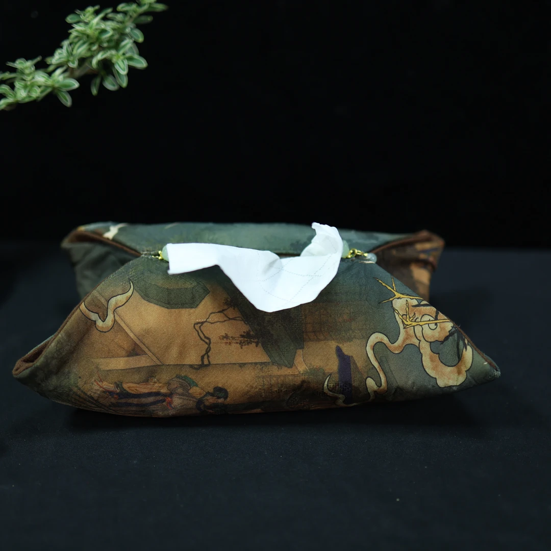 【朴意凡器】仙鹤布艺折叠纸巾包  高级缎面手工竹编拎包中式百搭