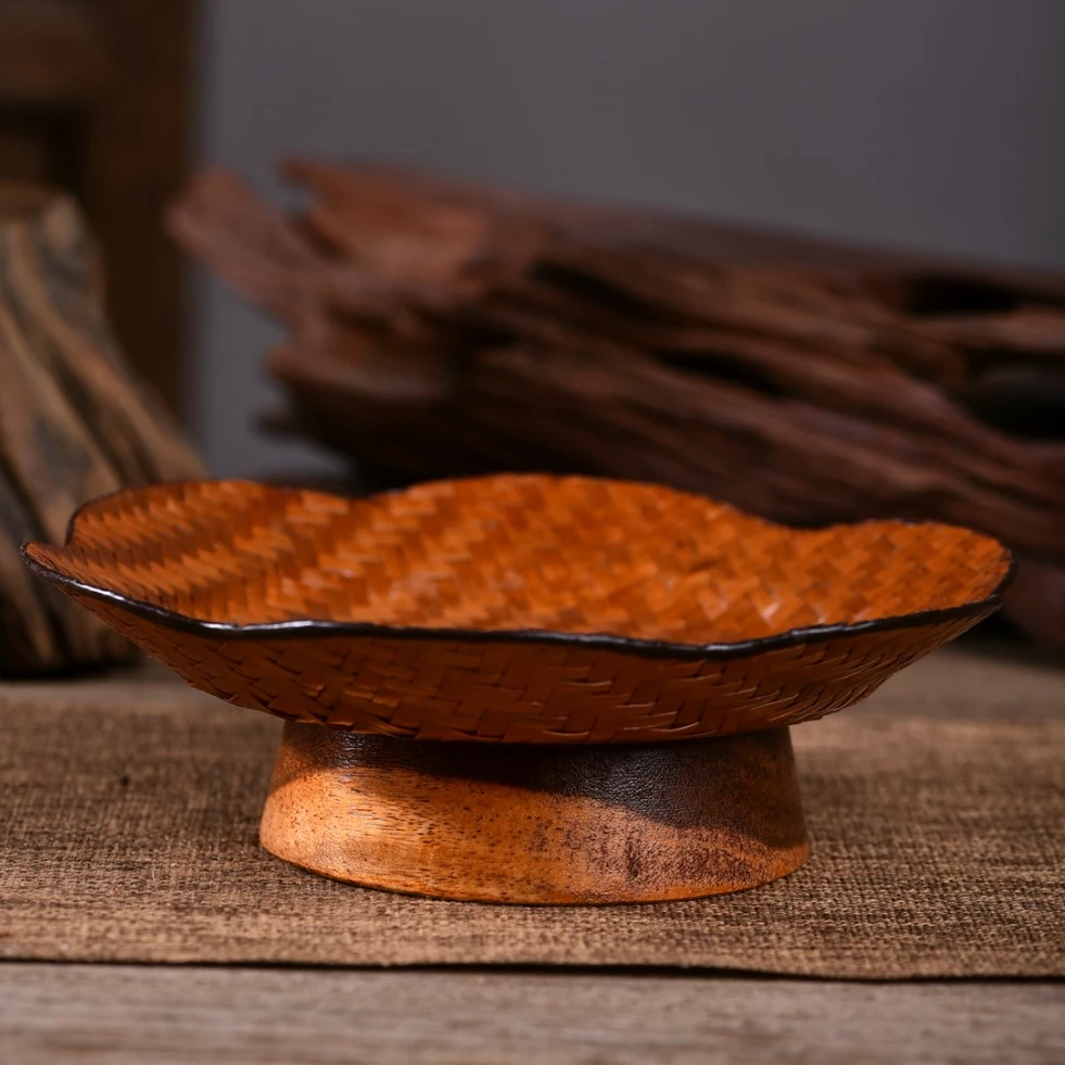 大漆竹席高脚百合形浅果盘  复古手工盘水果坚果盘手工百合形竹编