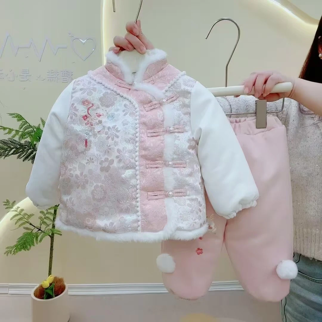 儿童冬季加绒加厚套装男女童新年装拜年服两件套